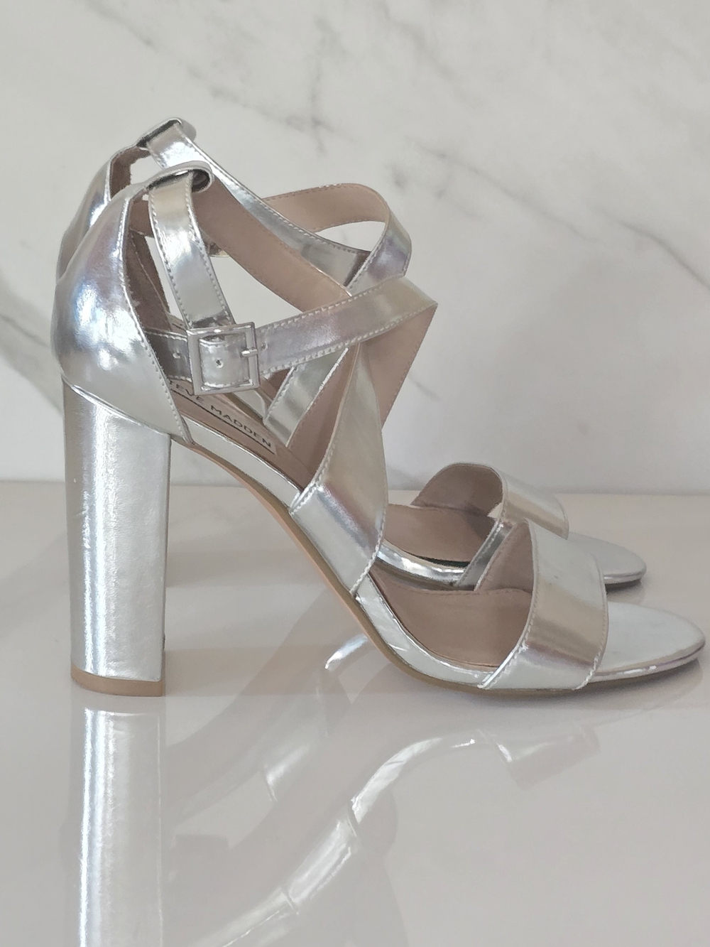 Steve Madden | Caliopi Silver Anklestrap Block Heels Size 10